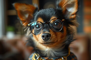 Charming toy terrier with glasses and gold chains  the financier dog of the prague ratter breed