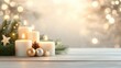 © sa-photo - Elegant wooden Christmas background adorned with glowing candles, fresh pine branches, and twinkling lights, creating a serene and festive ambiance.