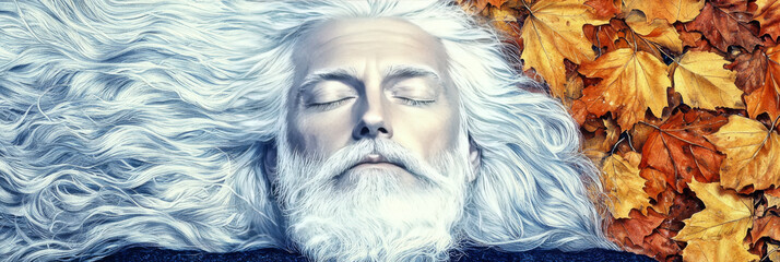 Canvas Print - A man with long, white hair lays with his eyes closed amongst autumn leaves.