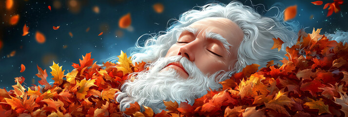 Sticker - A man with a long white beard sleeps peacefully in a bed of autumn leaves.