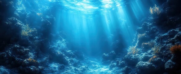 serene underwater scene with shafts of light penetrating azure depths graceful silhouettes of marine life and swirling currents create a dreamy subaquatic atmosphere