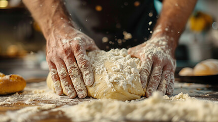 hands kneading dough on wooden table, baking skill behind bread making concept