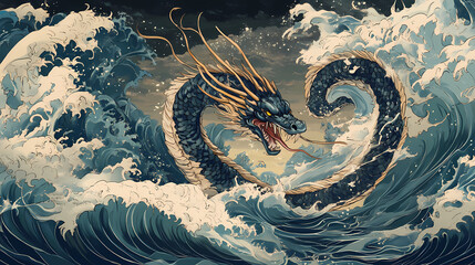 Wall Mural - Sea dragon in the water japanese illustration background. Sea Serpent. Illustration