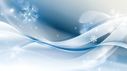 Fluid abstract winter background with soft flowing lines, snowflake patterns, and a cool color palette of blues and whites.