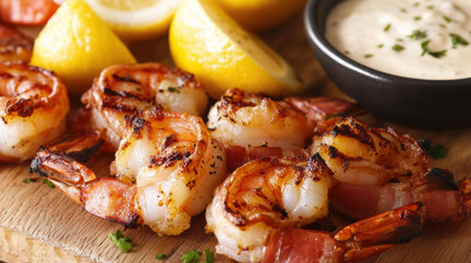 Wall Mural - Grilled shrimp wrapped in bacon, served with lemon wedges and creamy dipping sauce, create delightful and savory dish perfect for any occasion