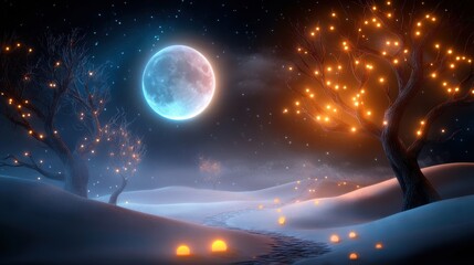 Frozen fantasy forest with snow-covered mystical trees, glowing lights, and a magical winter moon casting light over the landscape.