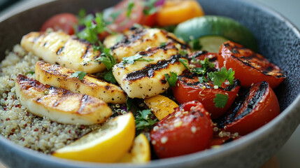 Grilled vegetables and halloumi cheese served with quinoa create vibrant and healthy dish. colorful presentation and fresh ingredients evoke sense of joy and satisfaction