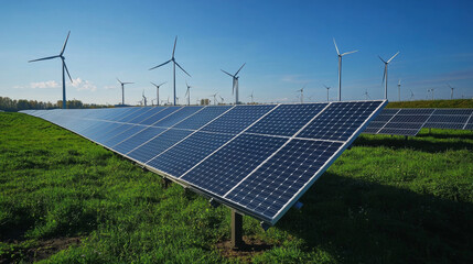 Solar energy field with cutting-edge panels absorbing sunlight, set against a backdrop of wind turbines and clear blue skies