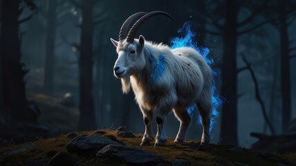 Canvas Print - Mystical White Goat in a Dark Forest