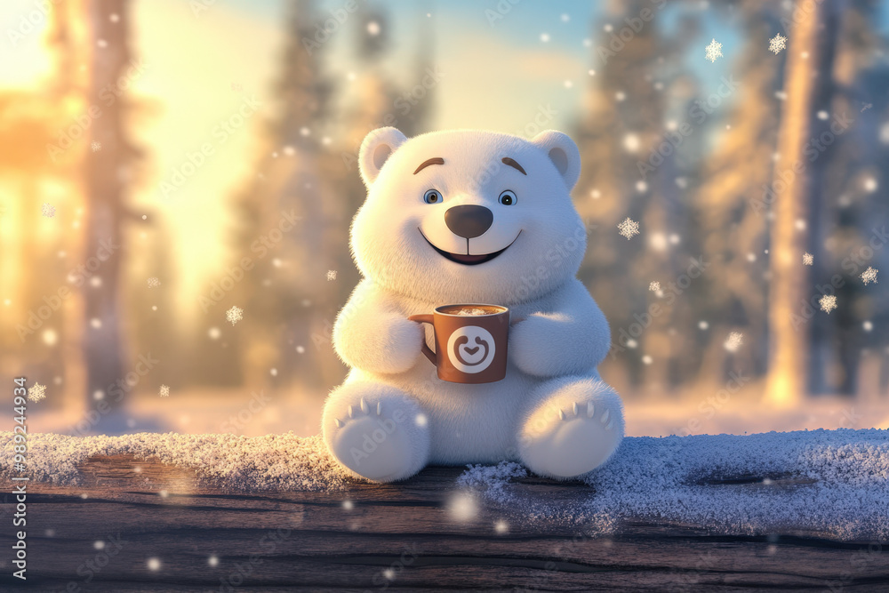 Smiling polar bear holding a mug with hot chocolate while sitting on a ...