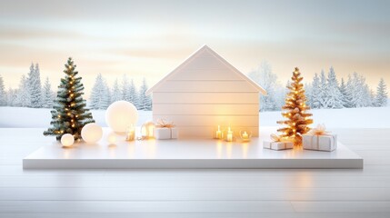 Poster - Minimalist Scandinavian-style Christmas backdrop featuring simple decorations, natural pine, and soft, warm lighting for a clean and cozy holiday feel.