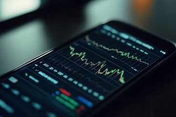 Poster - market analysis on a smartphone displaying stock charts and trends during evening hours in a modern 