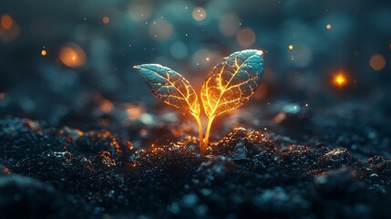 Canvas Print - Glowing Seedling Emerging from Dark Soil