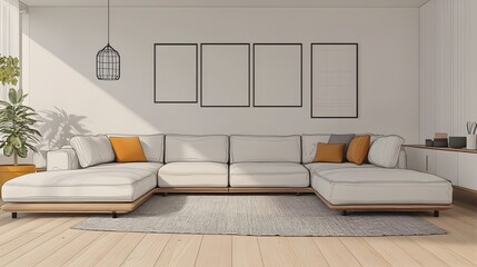 Cozy and inviting modern living room with a large comfortable sectional sofa and a minimalist Scandinavian inspired decor