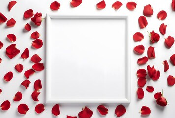 Wall Mural - White Frame with Red Rose Petals Flat Lay