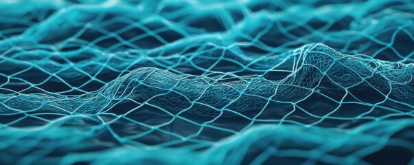 Poster - A textured, blue mesh representing digital waves or interconnected elements in an abstract style.