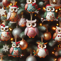 Wall Mural - A tree full of Christmas ornaments, including many owls