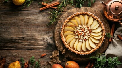 Wall Mural - A beautifully arranged pear tart on a wooden table, surrounded by natural elements.