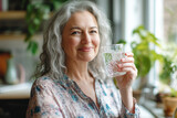 Happy healthy woman of middle age holding glass of clear water for body hydration. Morning daily hydrating treatment