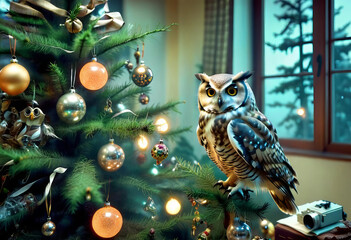 Wall Mural - A Christmas tree with a large owl perched on top of it