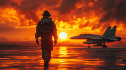 Wall Mural - Silhouette of a pilot walking towards his jet at sunset.