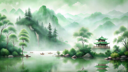 Serene watercolor landscape with mountains, trees, and a traditional pavilion reflecting on water 