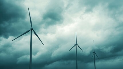 Stormy Landscape with Spinning Wind Turbines