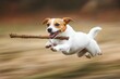 © Dina - Jack Russel purebred dog on a walk chasing the stick high speed photo. Active puppy breed.