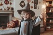 © Dina - child dressed as a wizard, pointy hat and cape, joyfully waving a wand. The background shows a cozy living room decorated with mystical symbols and props, evoking a playful and magical day at home