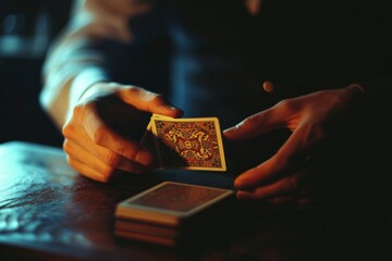 scam. magician performing a classic card trick, with a close-up focus on the magician's hands and a deck of cards in motion. mysterious and magical atmosphere and motion blur