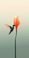 Wall Mural - A vibrant hummingbird hovers near an orange flower against a soft gradient background.