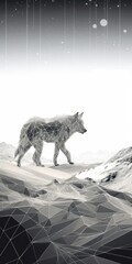 Wall Mural - Digital art of a lone wolf in a polygonal design, set against a surreal, snowy landscape.