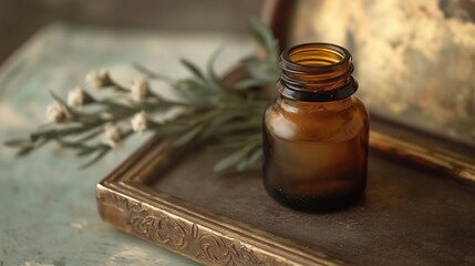 Poster - a vintage amber bottle placed on an ornate tray alongside sprigs of greenery in soft natural light a