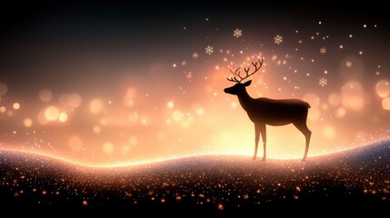 Silhouette of reindeer against a glowing winter sky, surrounded by snowflakes and twinkling stars, creating a festive and magical holiday background.