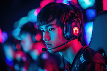 Professional gamer wearing headphones playing in an esports tournament with neon lights