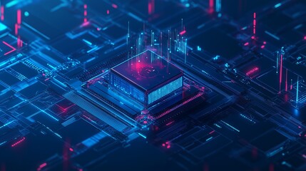 Poster - A futuristic microchip illuminated by vibrant blue and pink lights surrounded by intricate circuitry representing advanced technology