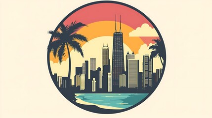 Wall Mural - Sunset Chicago Skyline Vector Icon - Silhouette Buildings on Beach Circle Background with Palm Trees - Travel Concept Design