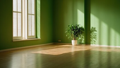 Wall Mural - Minimalist Green Room with Sunlight and Plants
Sunlight streams into a minimalist green room with a tropical palm, casting shadows on the wall. Empty space for design elements or product placement. 1