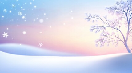 Soft, muted winter background with snowflakes falling slowly over a calm, snow-covered landscape, with gentle pastel skies.