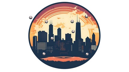 Wall Mural - Chicago Skyline Vector Icon at Baseball Game with Silhouettes and Flying Baseballs against Bright Sky in Circle Frame - Sports Background Design