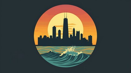 Serene Chicago Skyline Vector Icon in Coastal Sunset Silhouette Circle with Beach Background