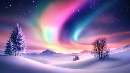 Stunning aurora borealis above a peaceful winter landscape, with snow-covered trees and a shimmering sky full of colorful light.