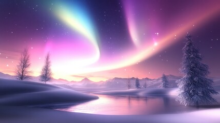 Stunning aurora borealis above a peaceful winter landscape, with snow-covered trees and a shimmering sky full of colorful light.