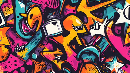 Wall Mural - Vibrant graffiti-inspired seamless background featuring punk and pop art elements for an artistic backdrop. Graffiti Pop. Illustration