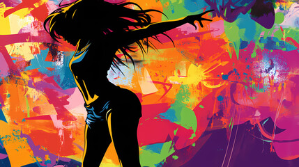 Wall Mural - Vibrant urban pop art with silhouette of woman in motion. Graffiti Pop. Illustration