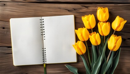 Fresh Yellow Tulips and Blank Notebook on Rustic Wood Evoking New Beginnings and Creativity