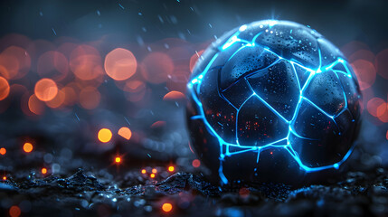 Wall Mural - Glowing Blue Soccer Ball with Bokeh Lights 3D Illustration