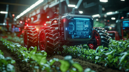 a photostock image of a futuristic Smart Robots can perform harvesting crops control hub in augmented reality, showing compatibility with various smart devices and voice control features in a modern f