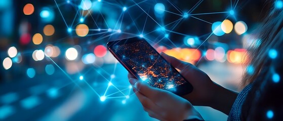 Poster - photography concept showcasing the importance of mobile communication and connectivity in modern digital life  The image features an abstract digital network pattern with copyspace for text overlay