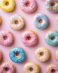 Wall Mural - A colorful assortment of donuts with various toppings arranged on a pink background.